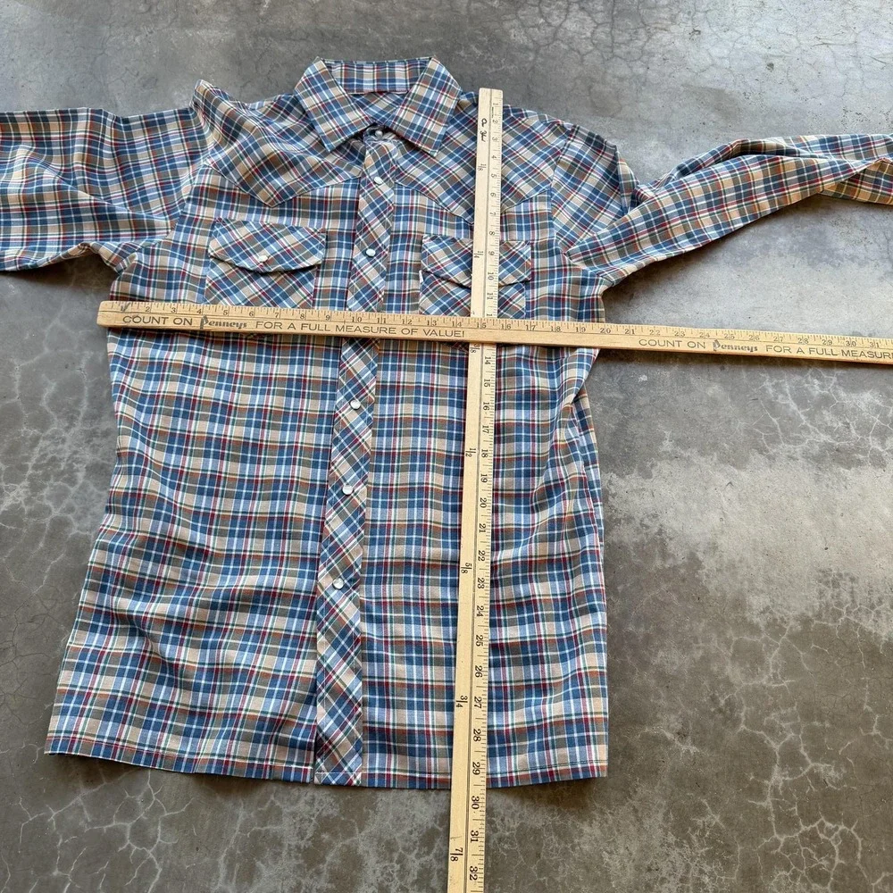 Vintage 70's Levis E Plaid Western Shirt S/M Blue Pearl Snap Long Sleeve Cowboy